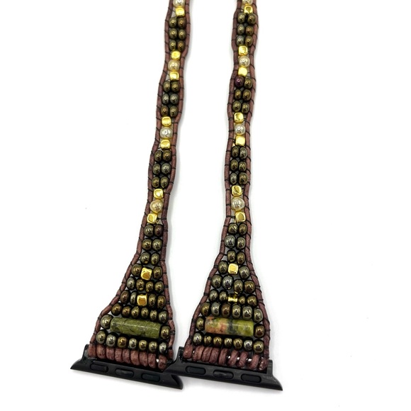 HAND CRAFTED Brown Leather Apple Watch Wrap with Green and Gold Beads. - Picture 2 of 5